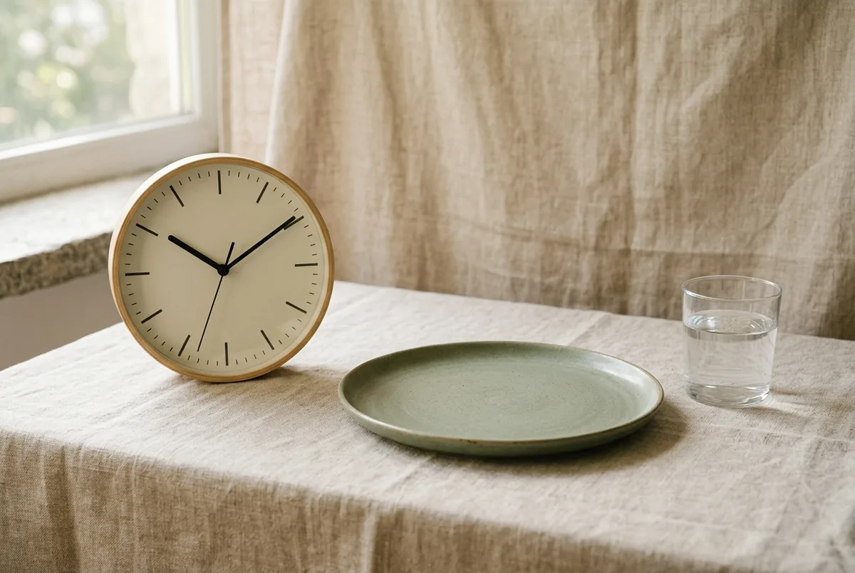 En urskive og en tom tallerken med et glas vand på en neutral linnedfarvet baggrund