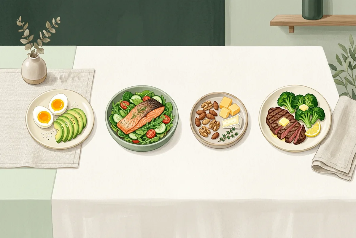 Four simple, evenly spaced keto meals arranged in a row to suggest routine