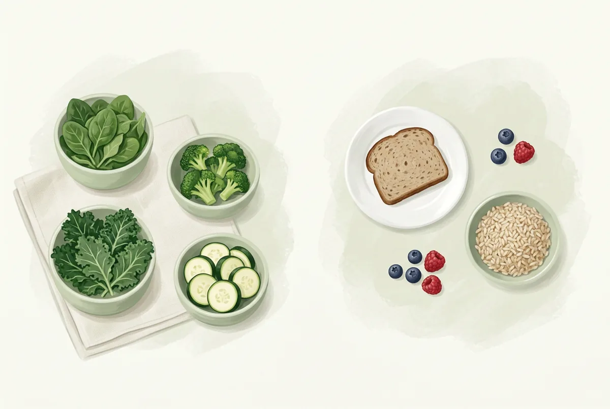 Measured portions of low-carb vegetables next to small portions of higher-carbohydrate foods