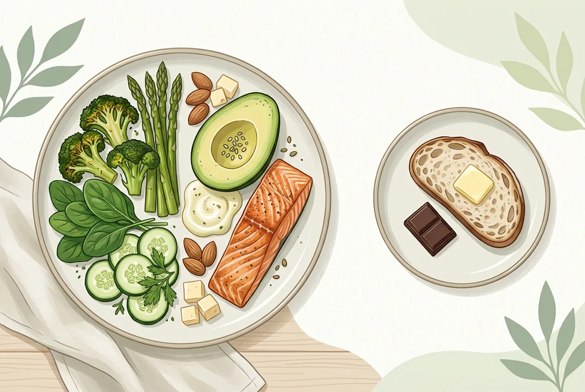 A keto plate showing a large portion of fats and vegetables with a small occasional treat