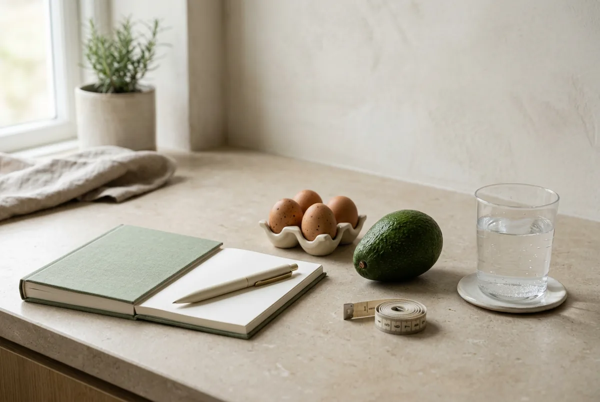A tidy planning scene with a notebook, pen, water glass, avocado and eggs on a neutral surface