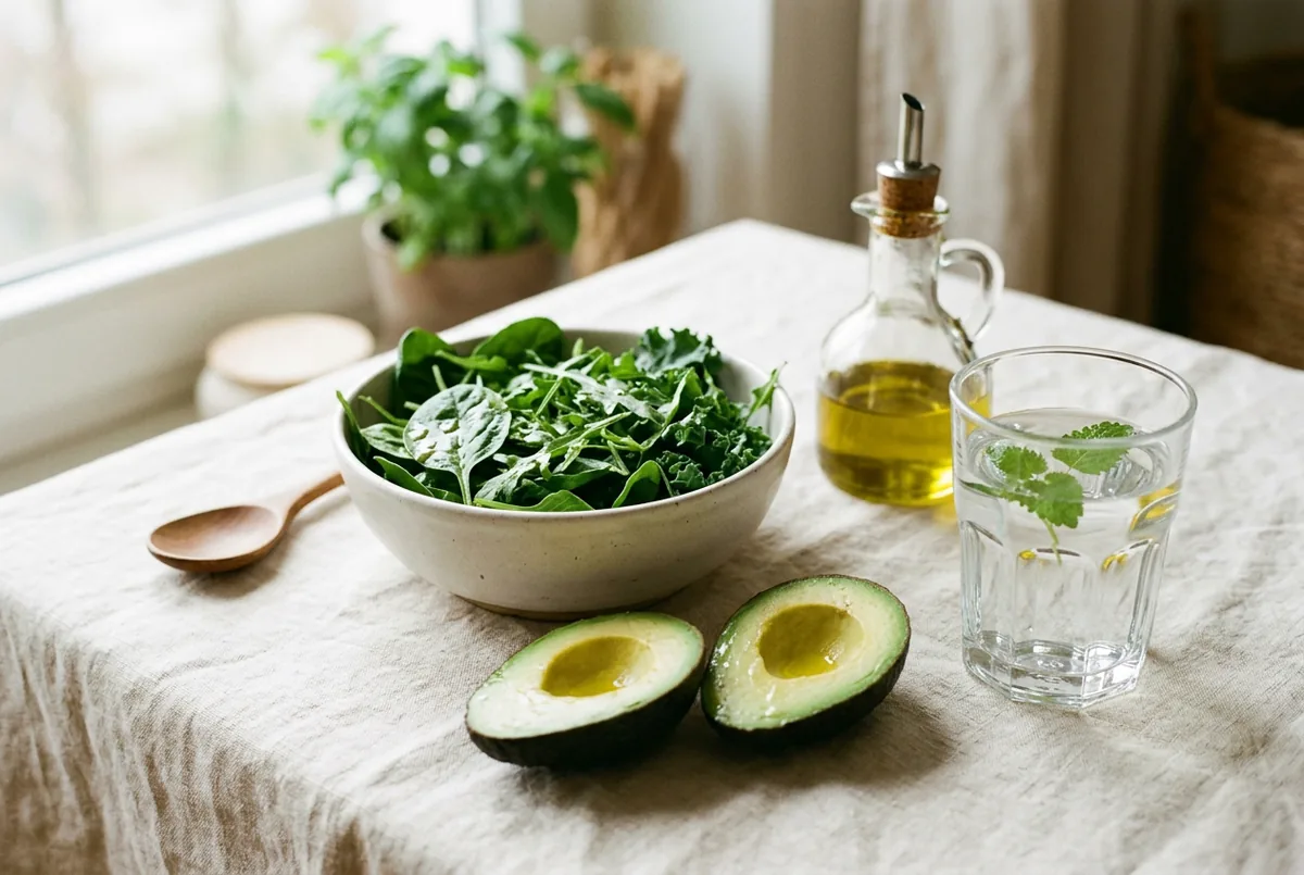 A calming scene with leafy greens, avocado, olive oil and a glass of water on a neutral surface