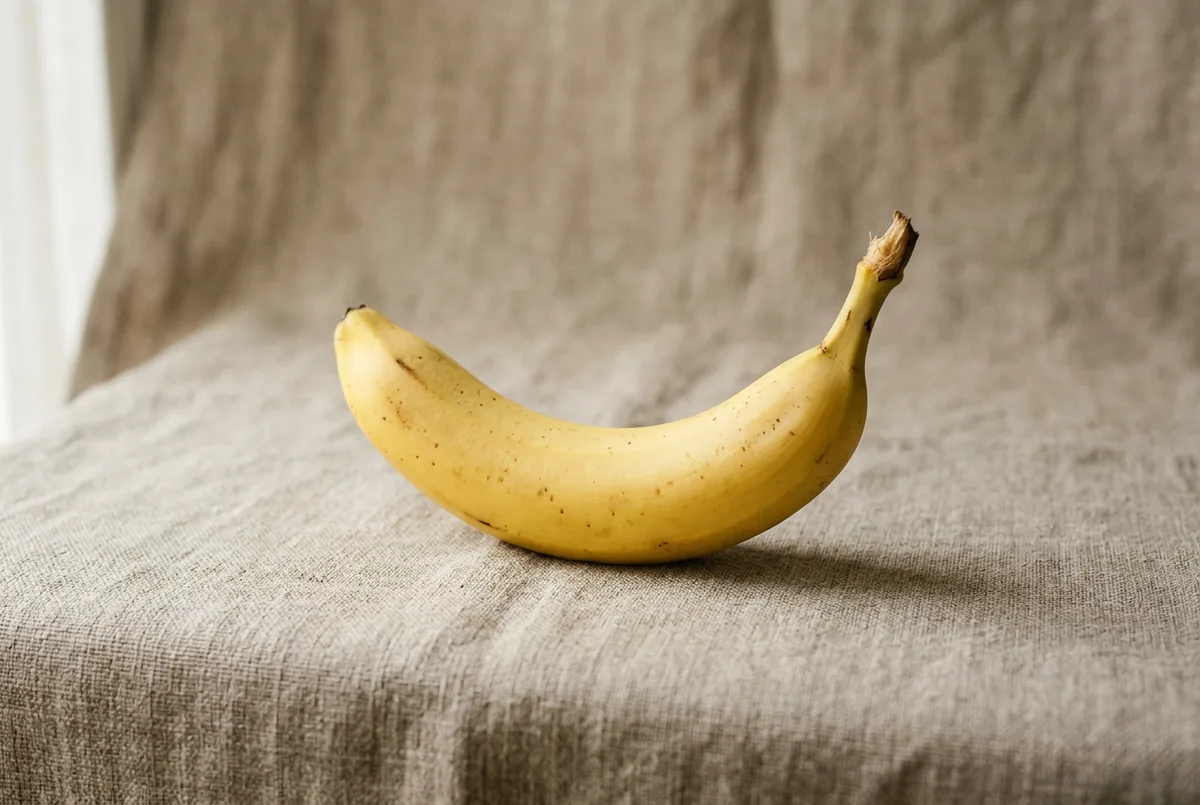 A single ripe banana resting on a neutral linen background with soft directional light