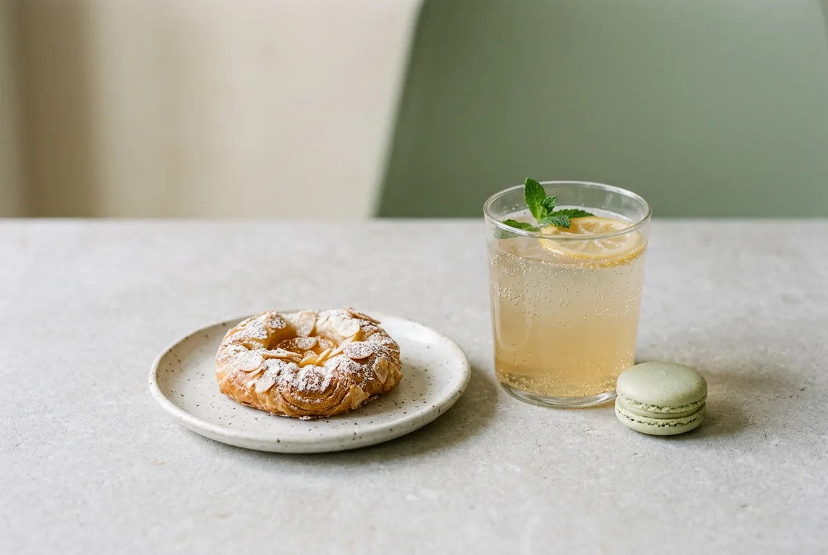 Sugary pastries and a soft drink on a neutral surface with a soft shadow