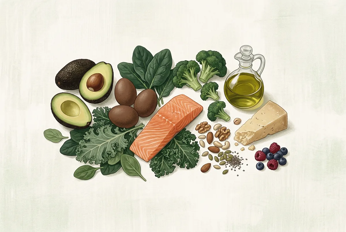 Keto-friendly foods including avocado, eggs, salmon, leafy vegetables, nuts and olive oil
