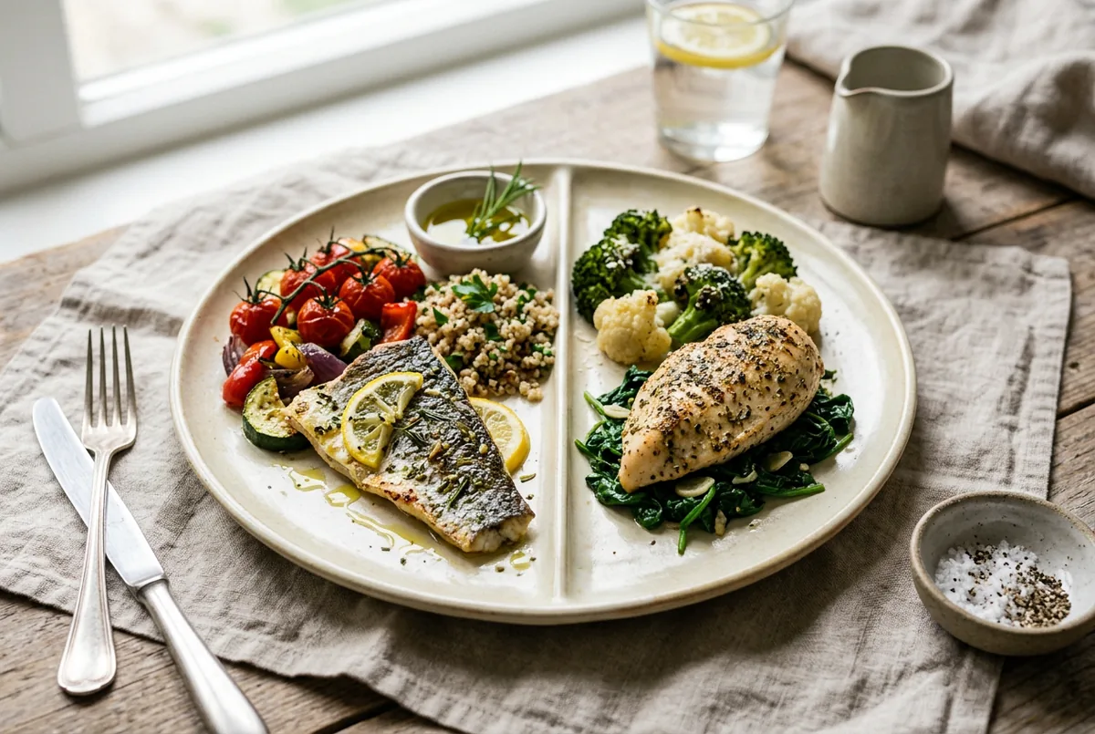 A plate of Mediterranean foods with olive oil, fish and vegetables beside keto foods on a neutral surface