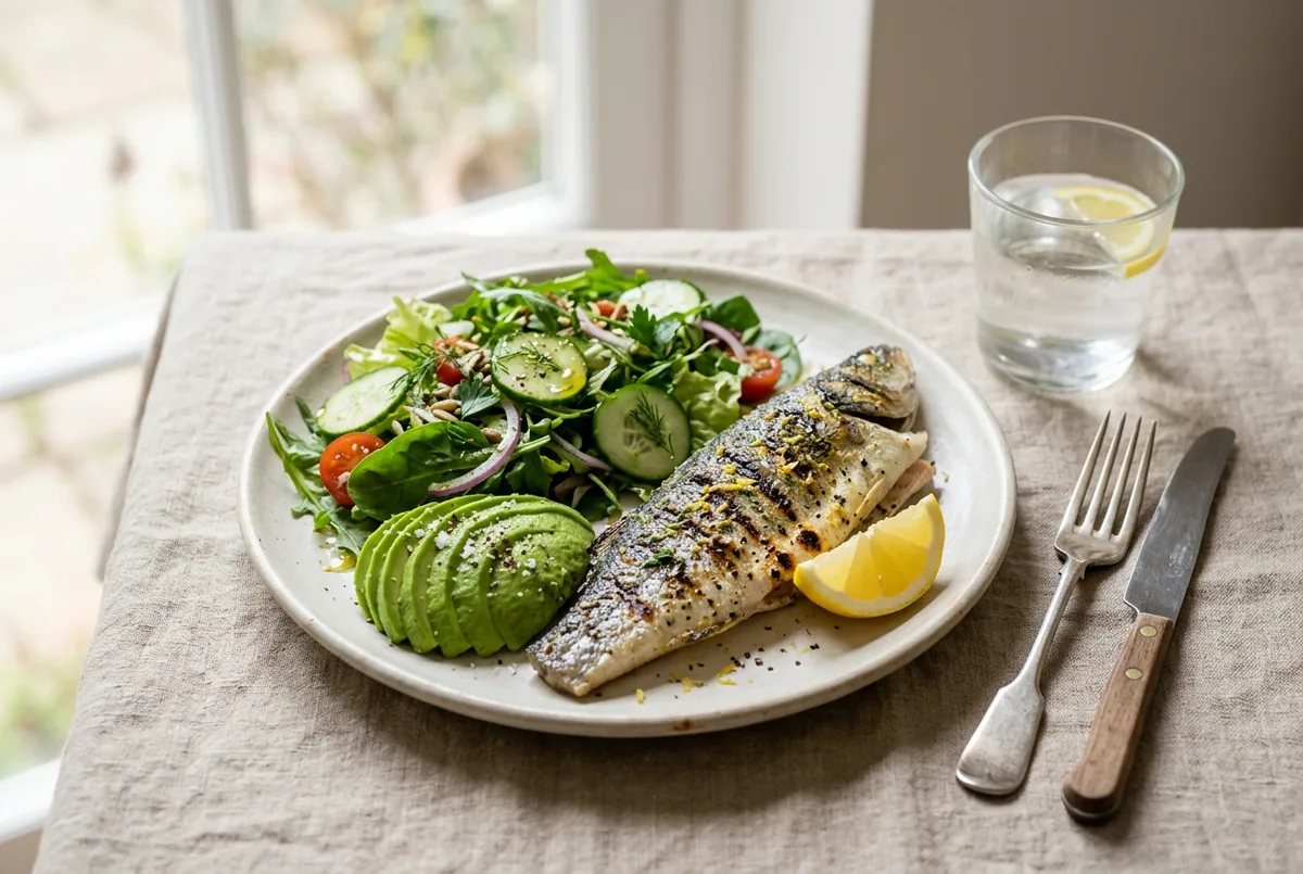 A light plate of grilled fish, salad and avocado with a glass of water on a neutral background