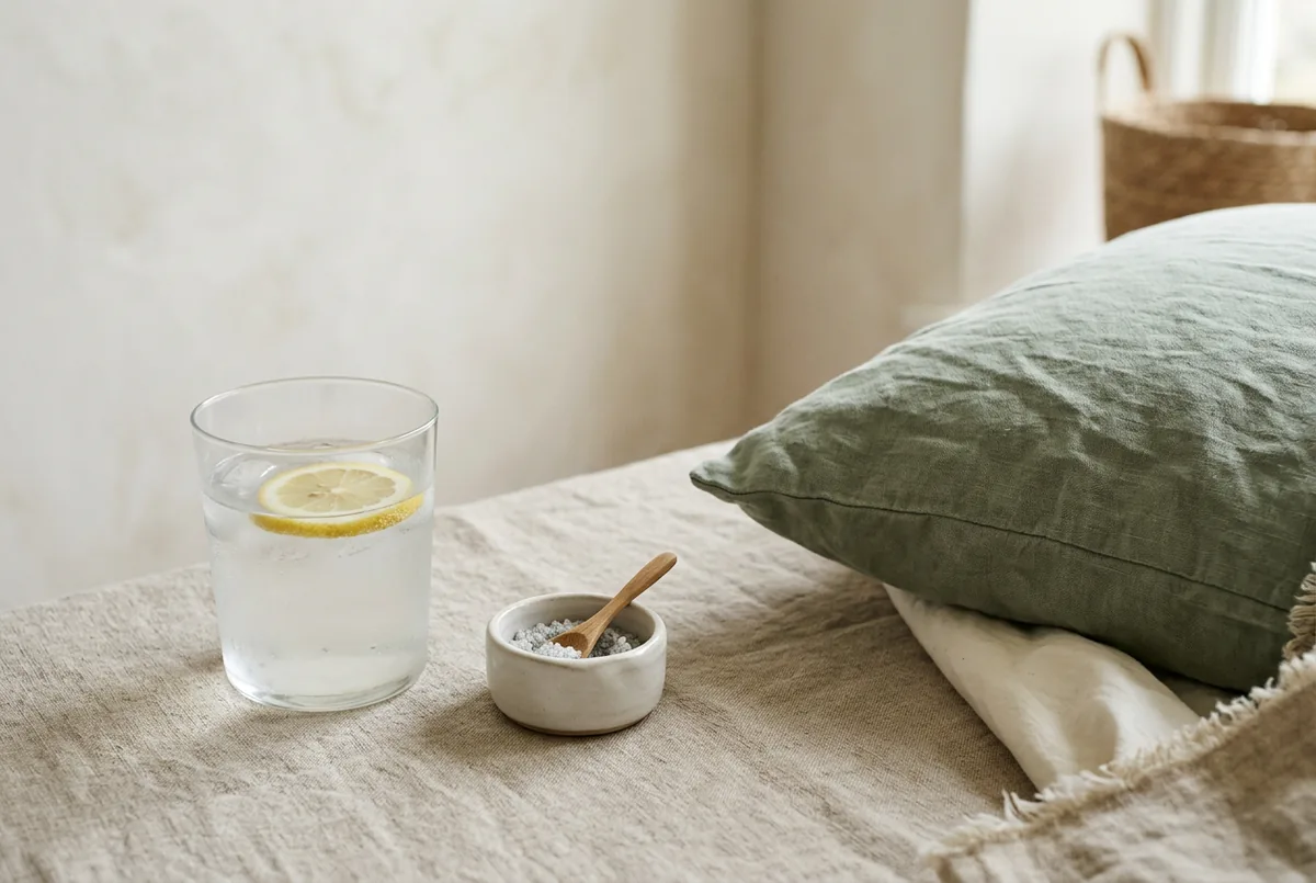 A glass of water with lemon, a small dish of salt and a pillow corner on a neutral surface