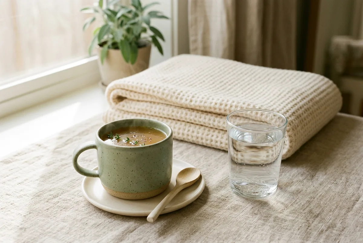 A cozy scene with a warm mug of broth, a glass of water and a folded blanket on a neutral surface