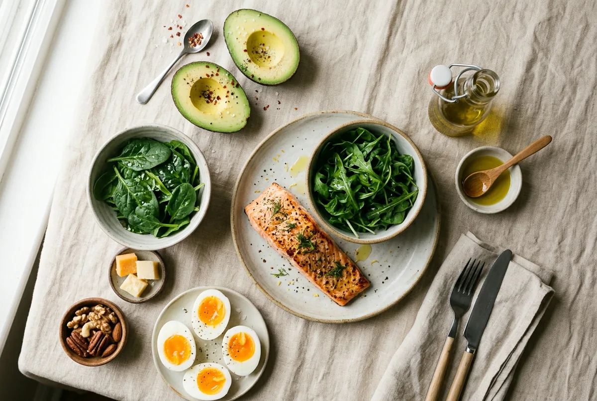A flat lay of keto foods including avocado, eggs, salmon, leafy greens, cheese, nuts and olive oil