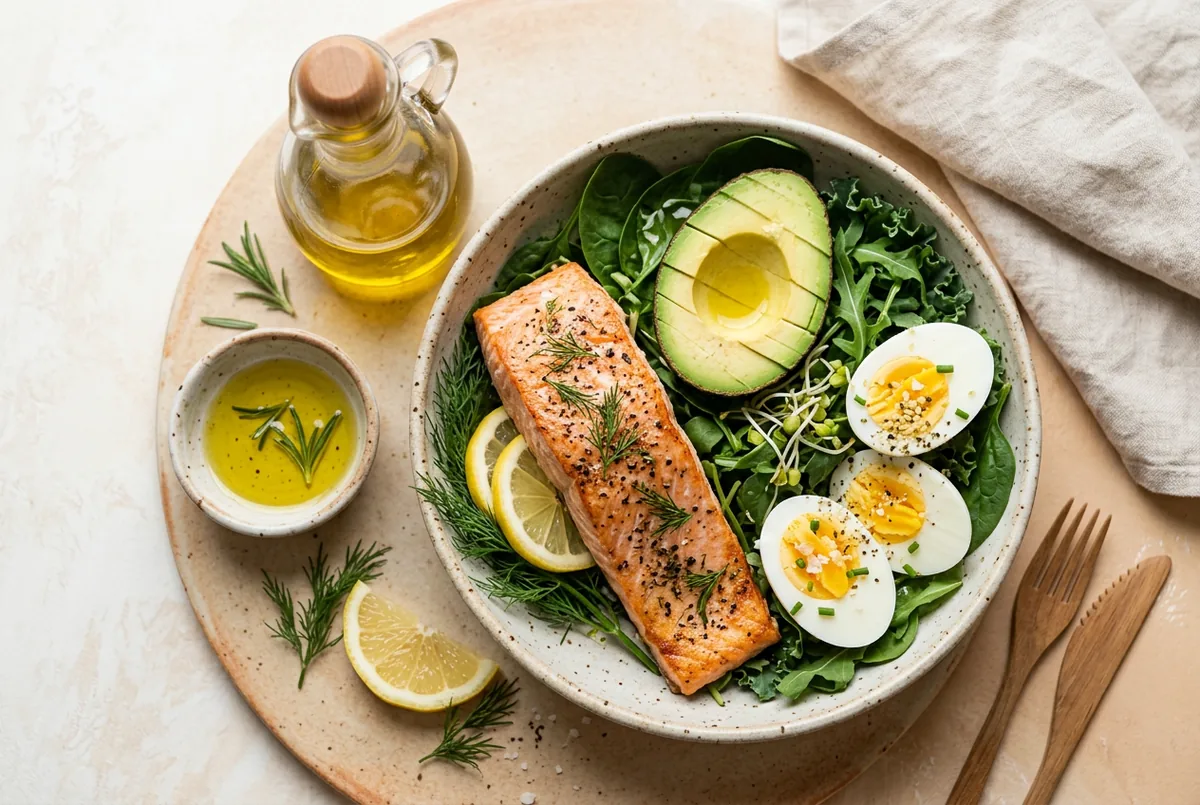 Keto foods that support ketosis including avocado, eggs, olive oil, salmon and leafy greens