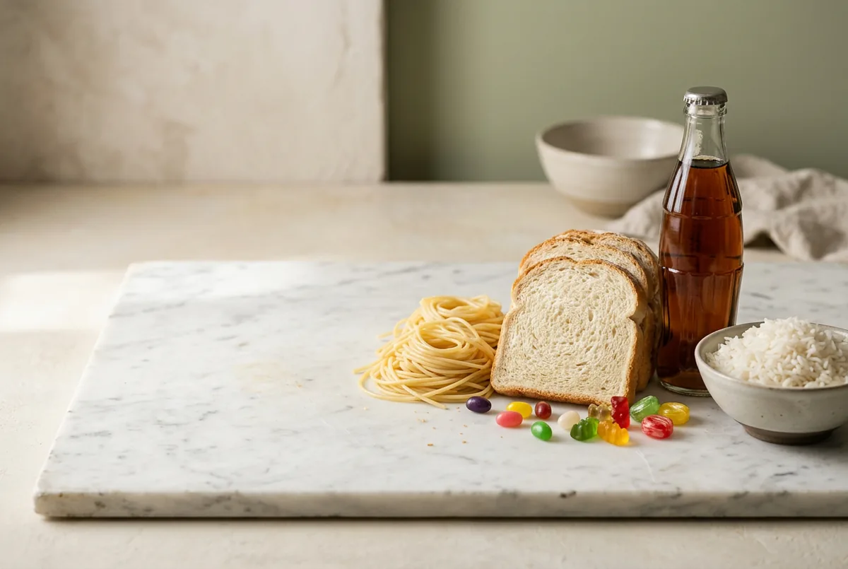 High-carb foods such as white bread, pasta, soda and candy set aside on a marble surface