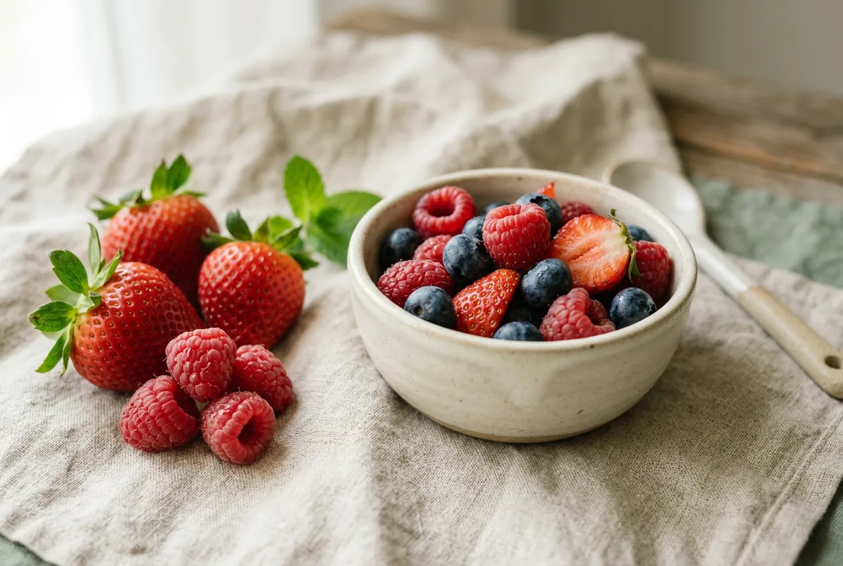 A small bowl of mixed fresh berries beside whole strawberries and raspberries on a neutral background