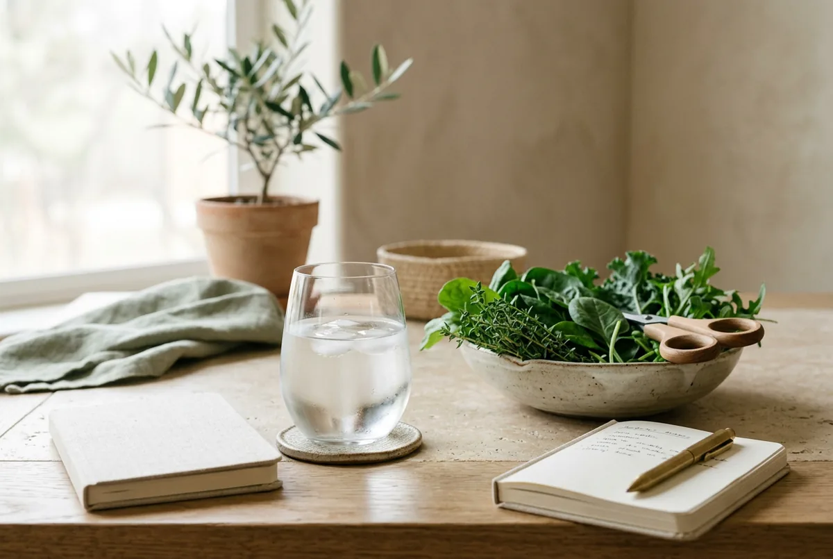 A calm scene with a glass of water, a notebook and fresh leafy greens on a neutral surface