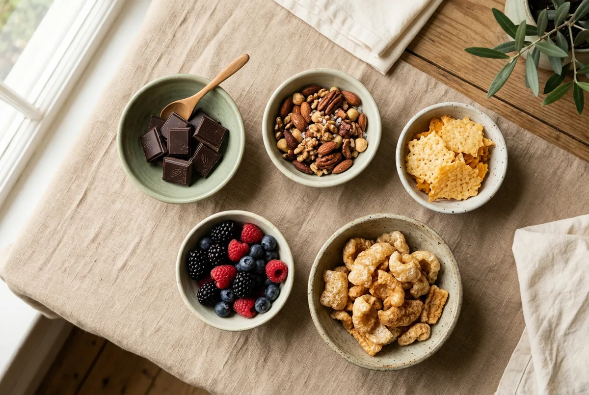 Keto-friendly snack alternatives including dark chocolate, cheese crisps, pork rinds and nuts