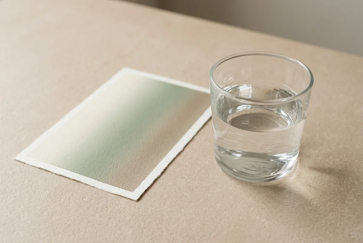 A glass of water and a soft neutral color gradient swatch on a neutral surface