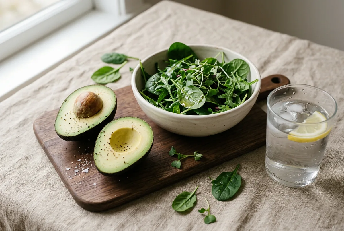 A balanced arrangement of avocado, leafy greens and a glass of water on a neutral background