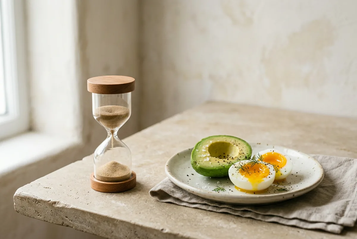 A small hourglass beside a plate of eggs and avocado on a neutral surface