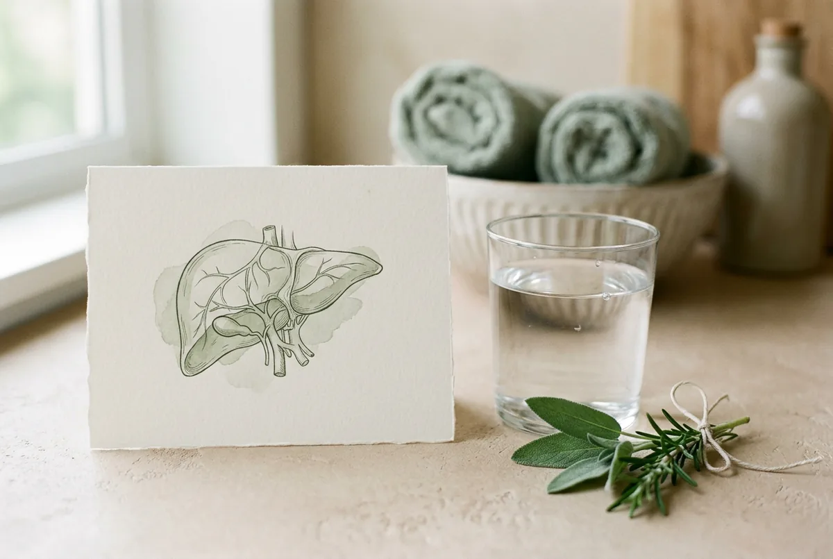 A subtle anatomical liver illustration on a card beside a glass of water and herbs on a neutral surface