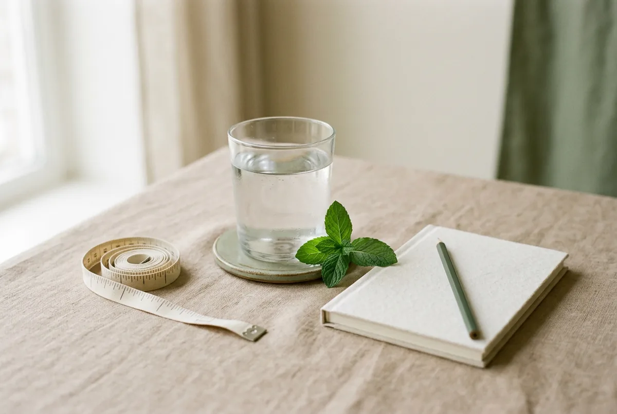 A calm wellness scene with a glass of water, measuring tape, notebook and mint on a neutral surface