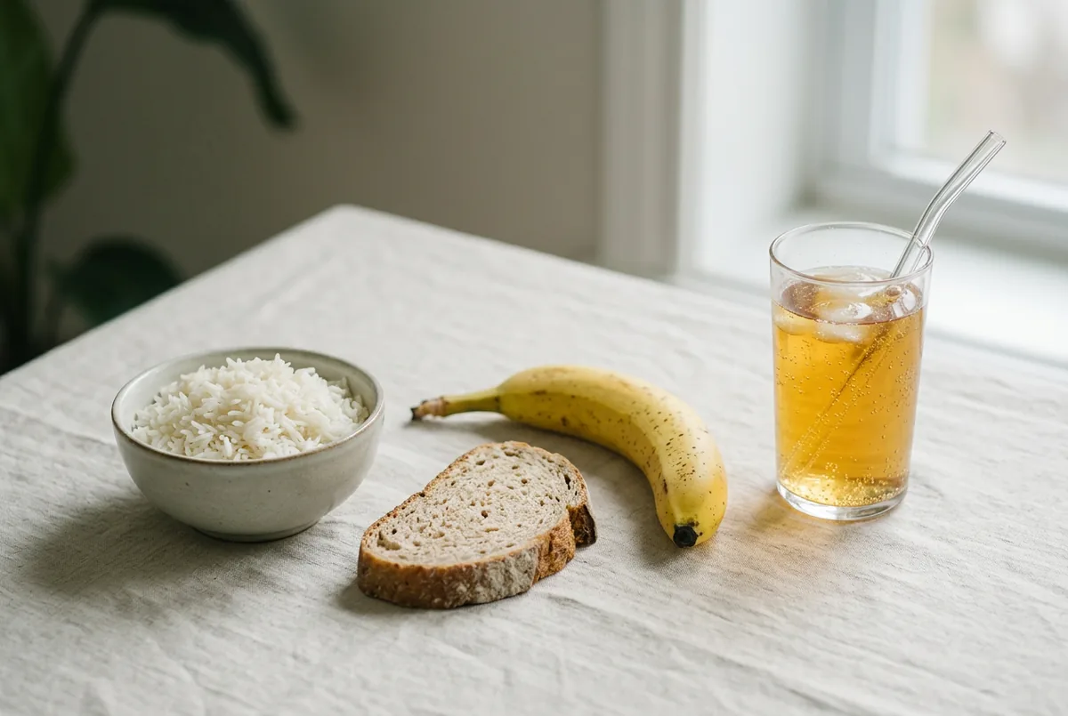 Higher-carb foods including bread, rice, a banana and a sugary drink set aside on a neutral surface