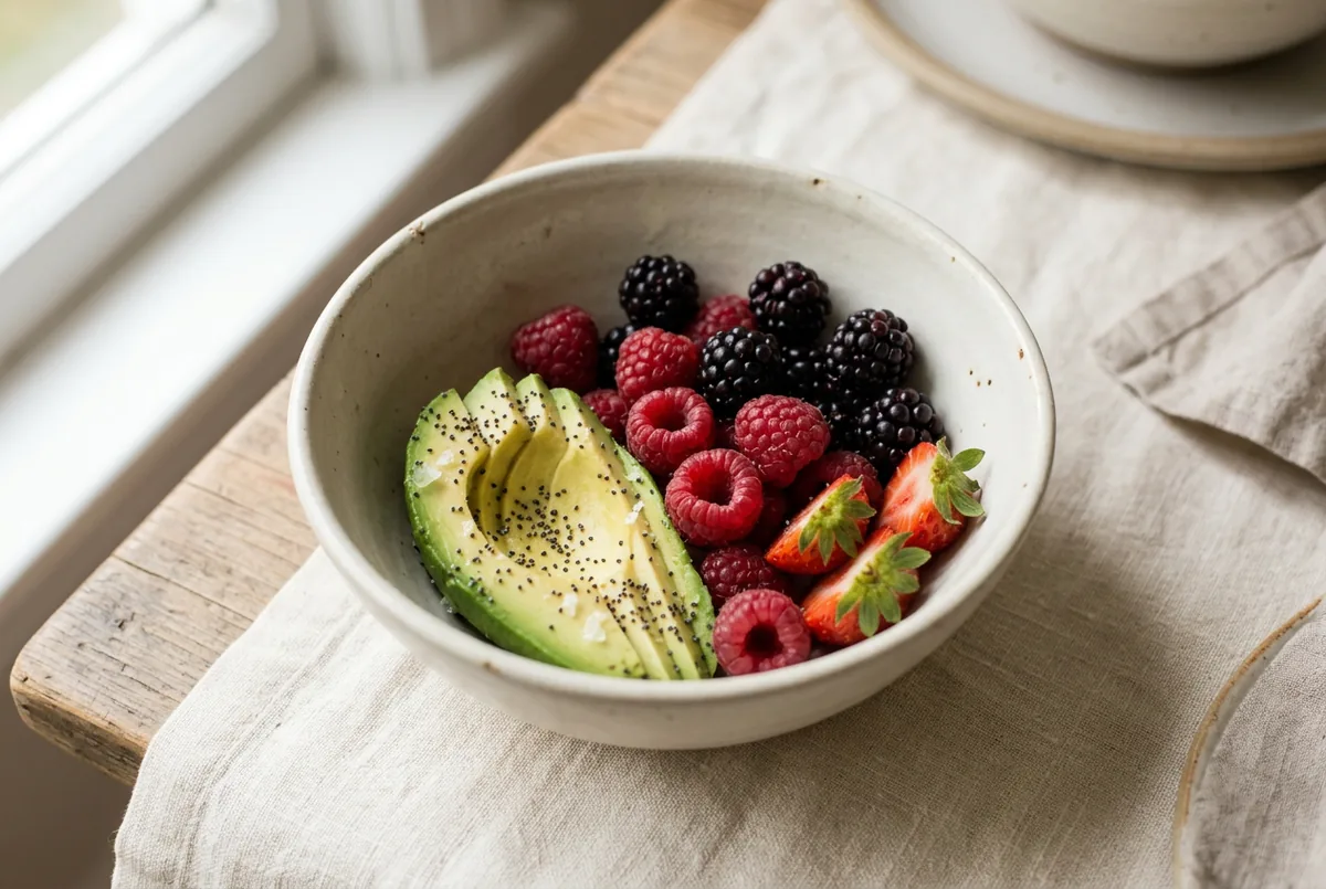 Low-sugar fruits including raspberries, blackberries, strawberries and avocado on a neutral surface
