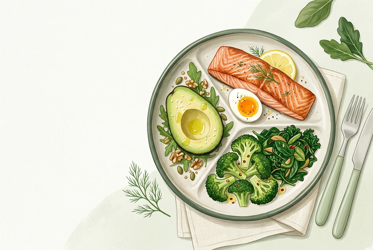 A balanced keto plate divided into healthy fats, protein and low-carb vegetables