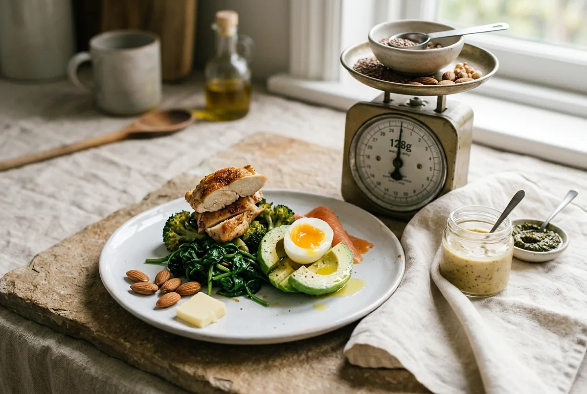 A plate of keto foods beside a kitchen scale suggesting portion tracking