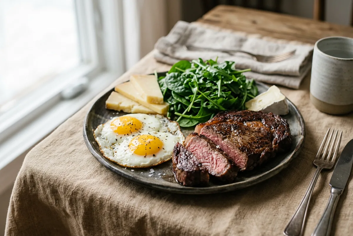 A plate of steak, eggs, cheese and leafy greens with no starches on a neutral surface