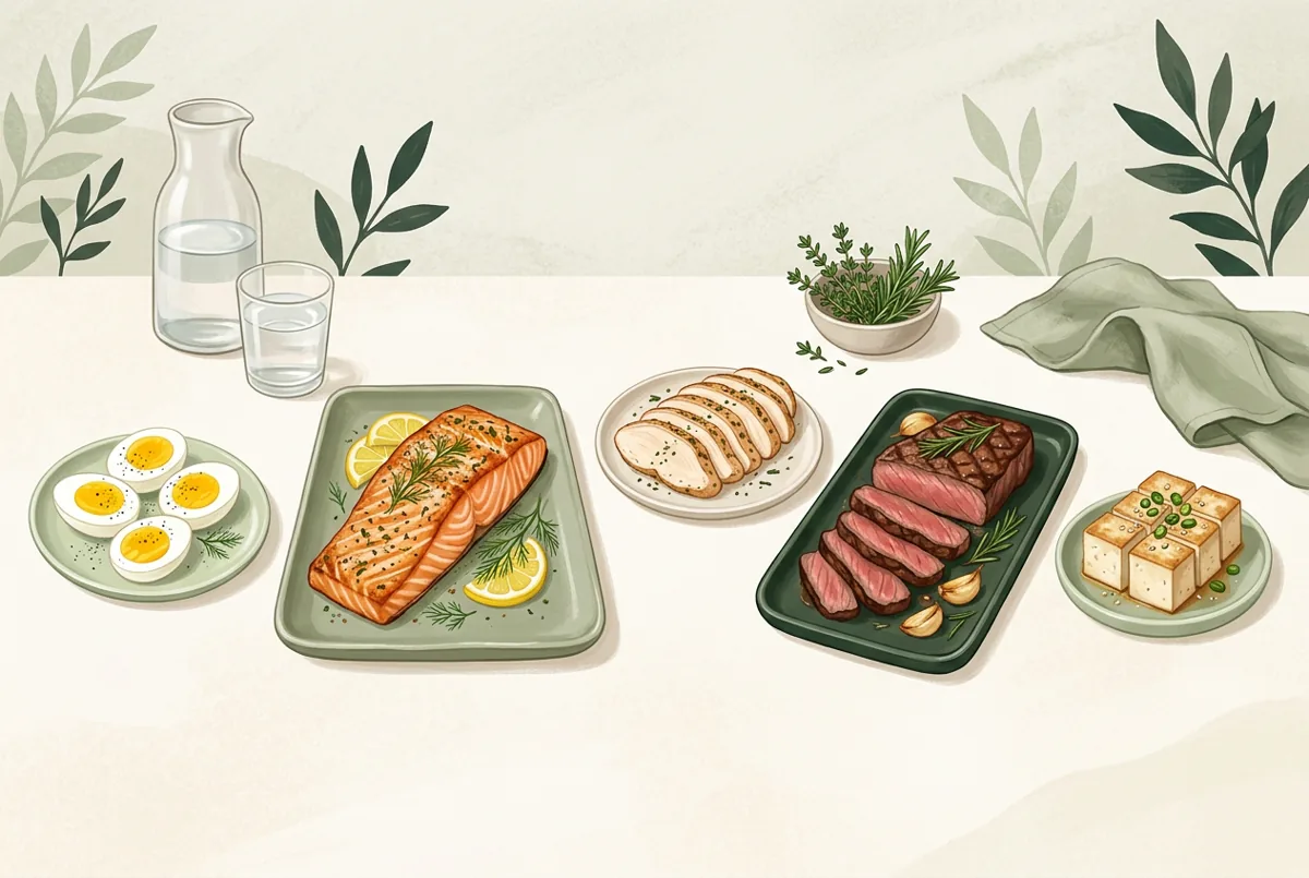 Keto-eiwitbronnen waaronder eieren, zalm, kip, rundvlees en tofu