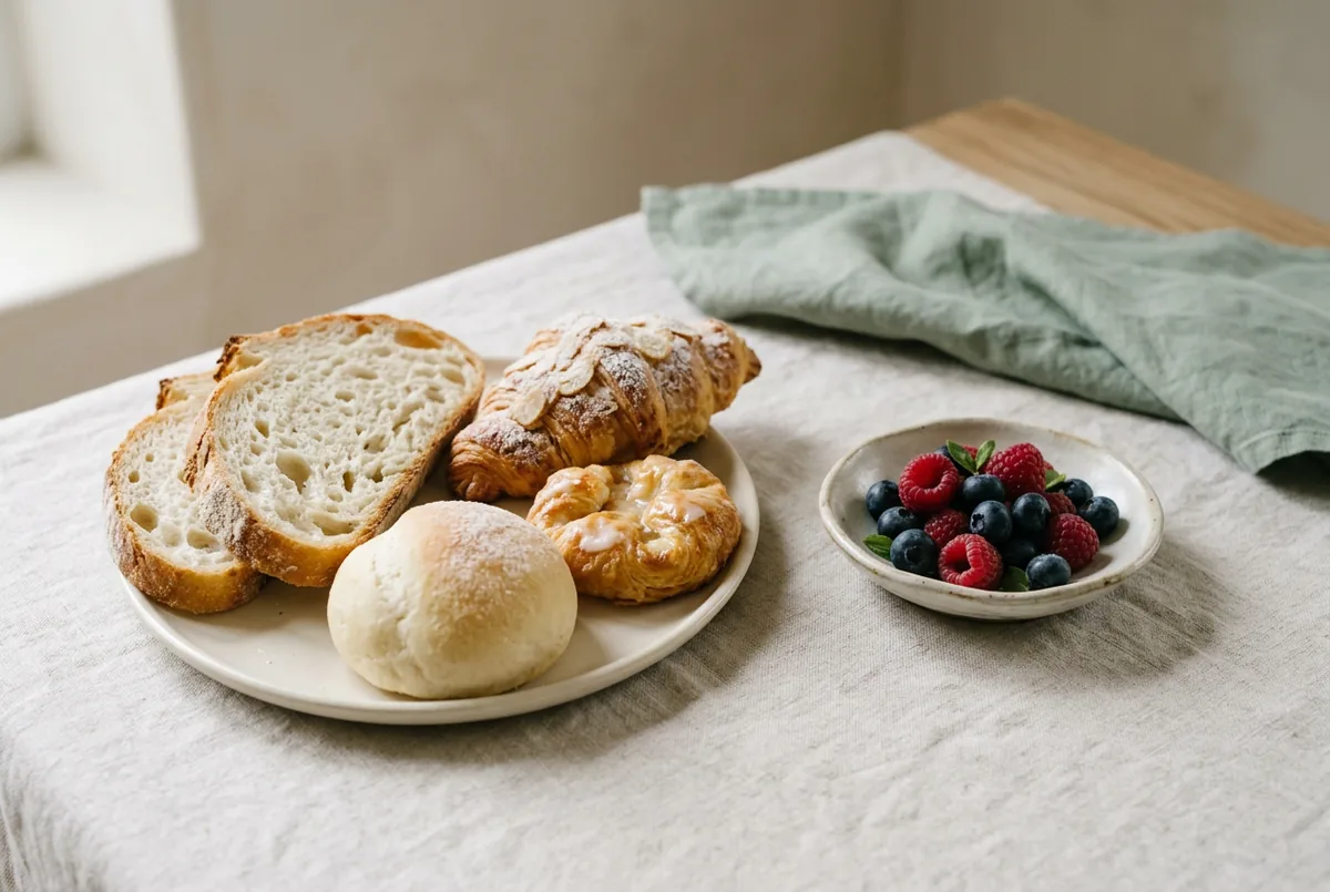 Refined carbohydrate foods set aside beside a small dish of berries on a neutral surface