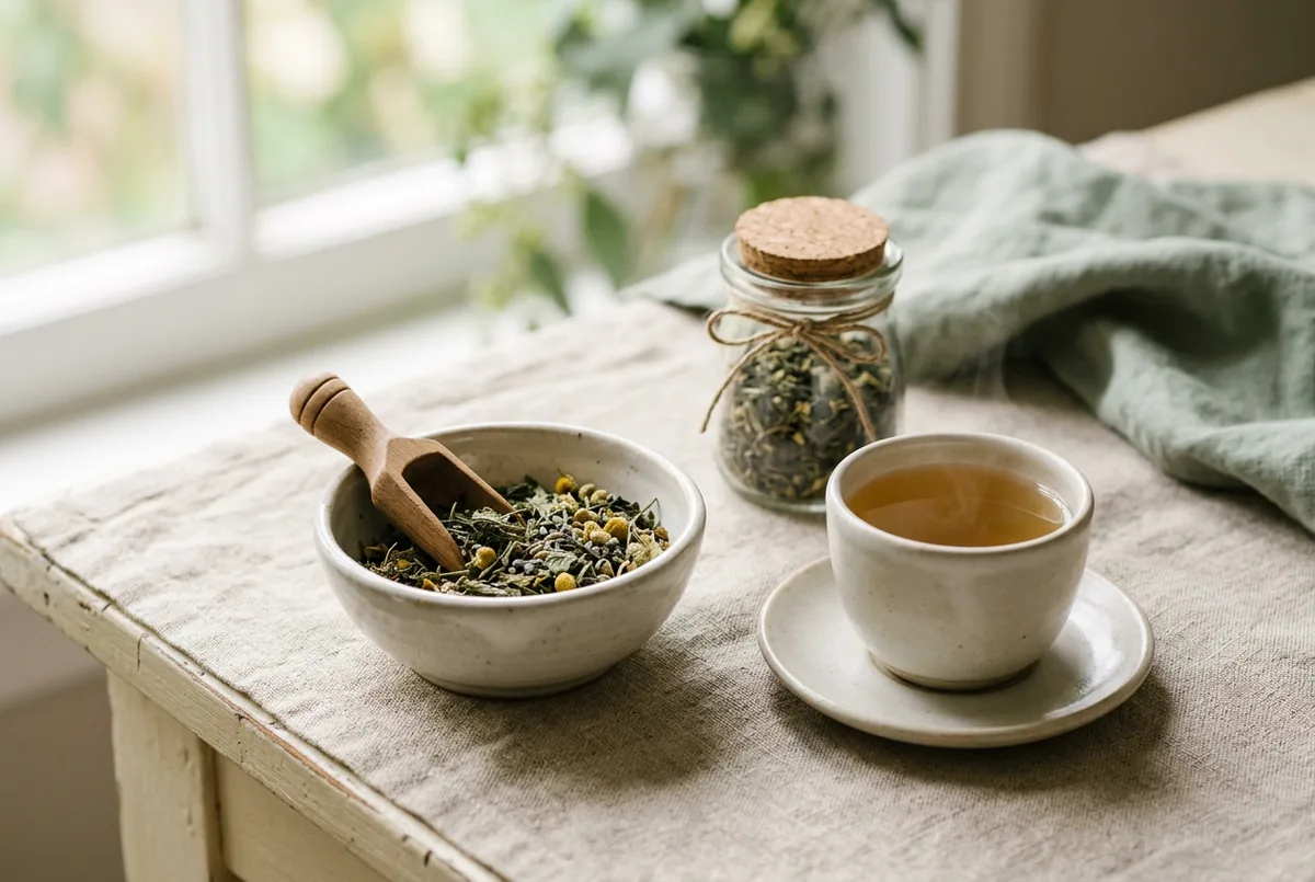 A serene arrangement of green tea, dried herbs and a small ceramic bowl on a neutral surface