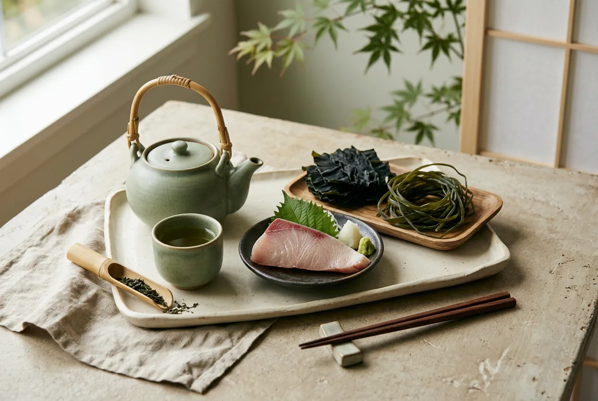 A serene Japanese-inspired scene with green tea, a teapot, fish and seaweed on a neutral surface