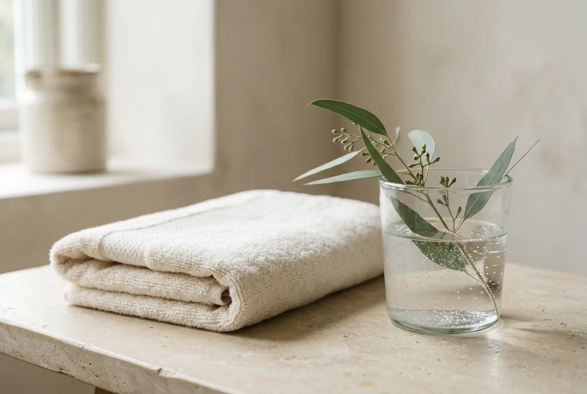A calm neutral scene with a folded towel, a glass of water and a sprig of greenery on a neutral surface