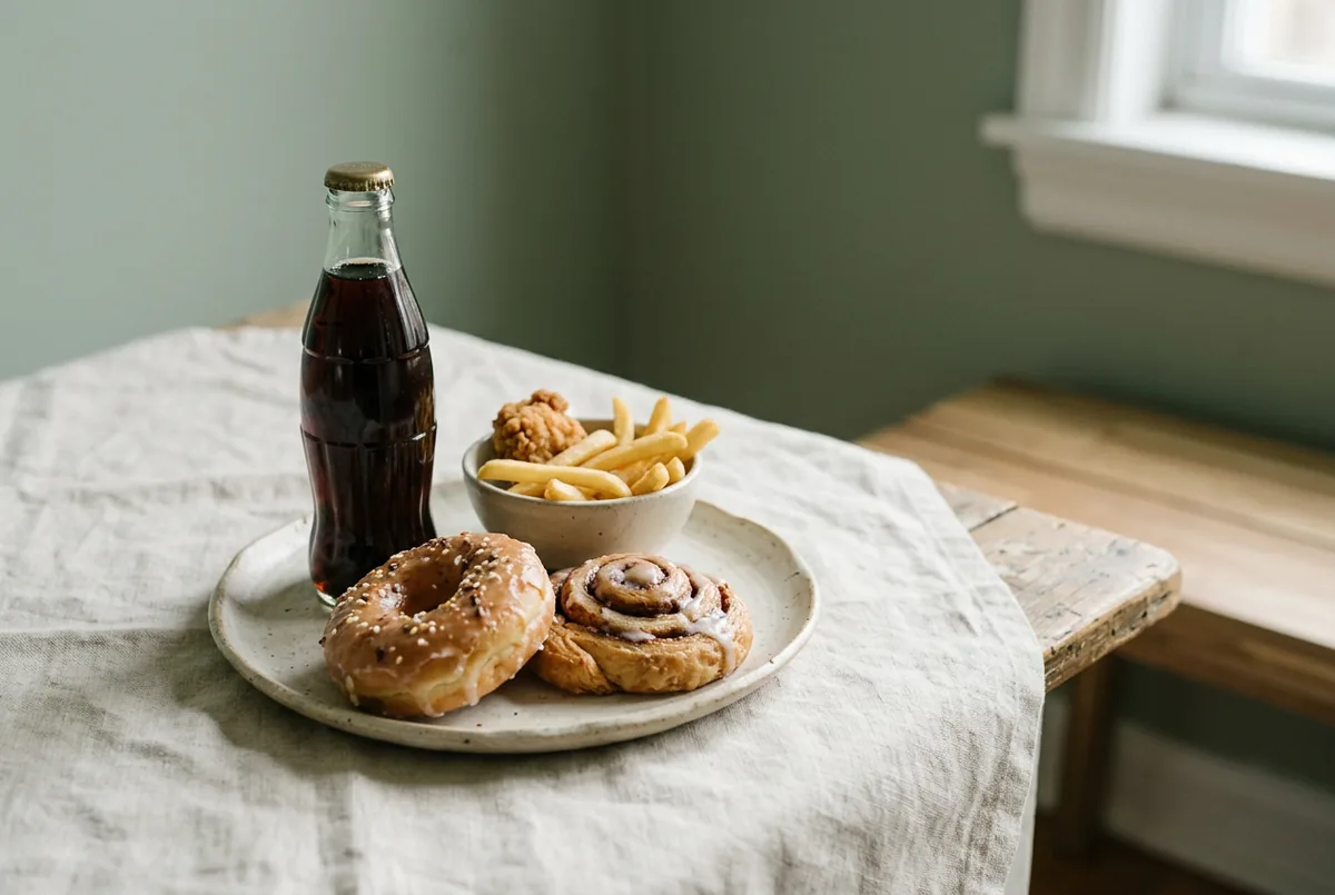 Processed and sugary foods including pastries, a sugary drink and fried snacks set aside on a neutral surface