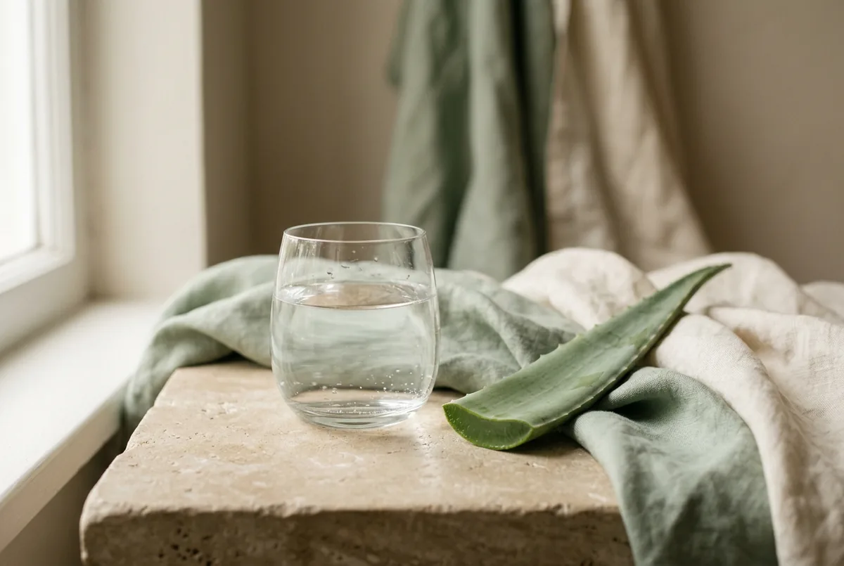 A soothing scene with a glass of water, aloe leaf and soft neutral fabric on a neutral surface