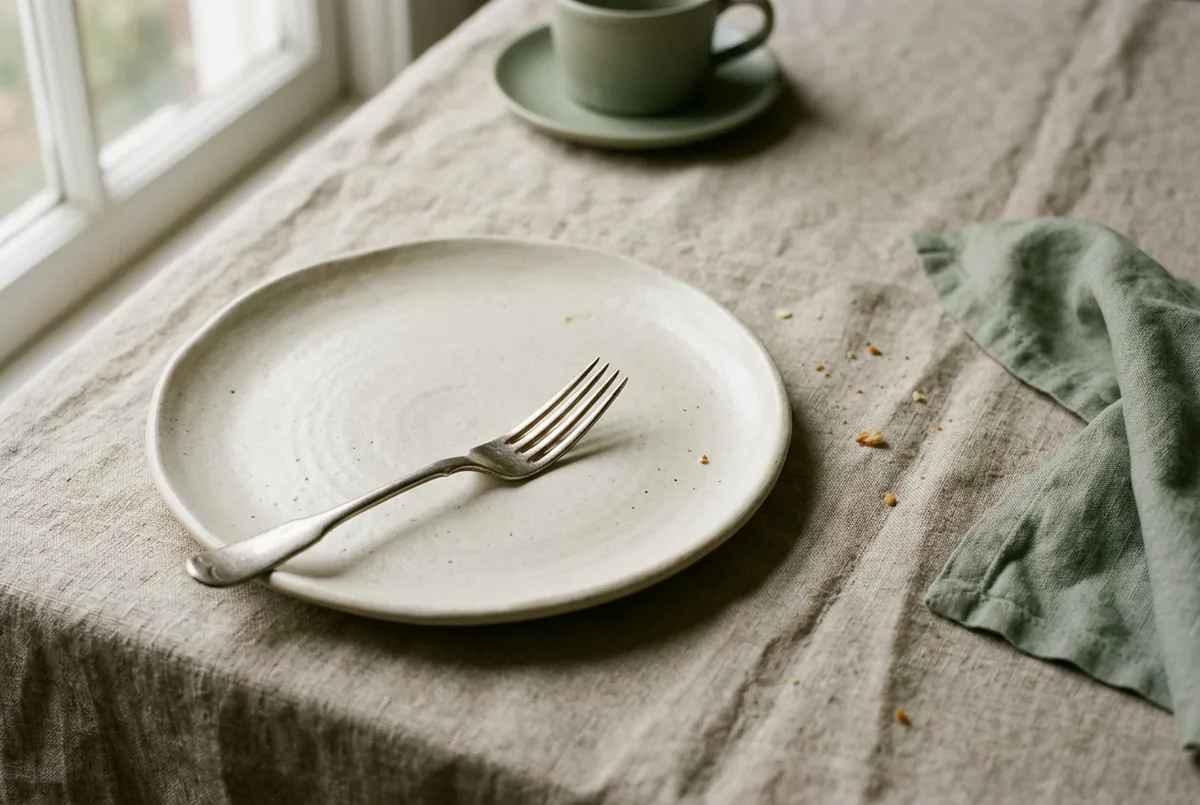 An empty plate pushed aside with a fork resting on it on a neutral linen background