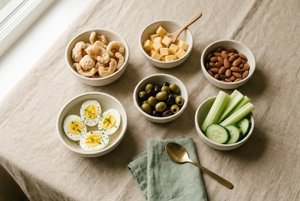 Small bowls of keto snacks including cheese, almonds, olives, celery and egg halves