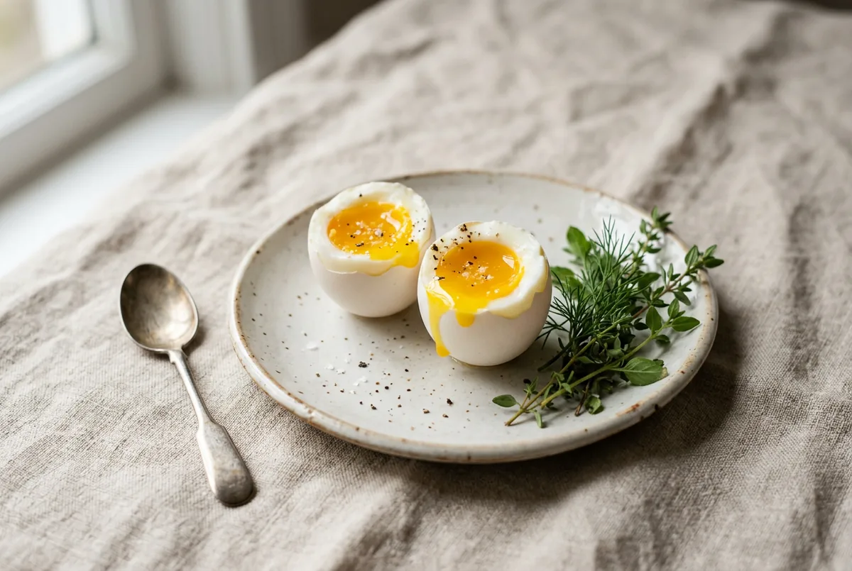 Two soft-boiled eggs on a small ceramic plate with a sprig of herbs on a neutral background