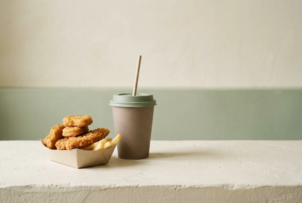 Dyrstegt fastfood og en sukkerholdigt drik placeret til siden på en neutral overflade