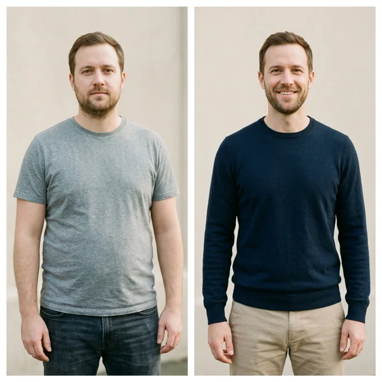 Illustrative healthy lifestyle progress shown by an adult man